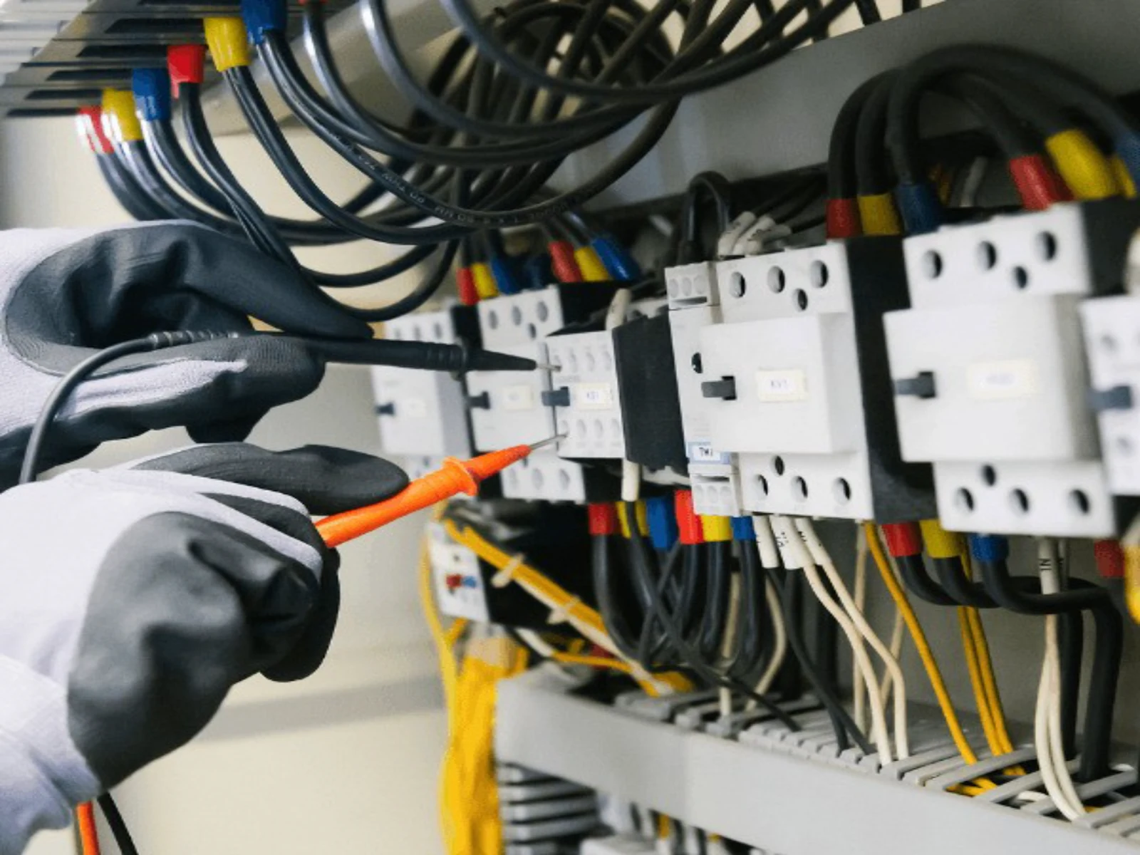 Technician in work gloves testing contactors in a control cabinet with meter probes